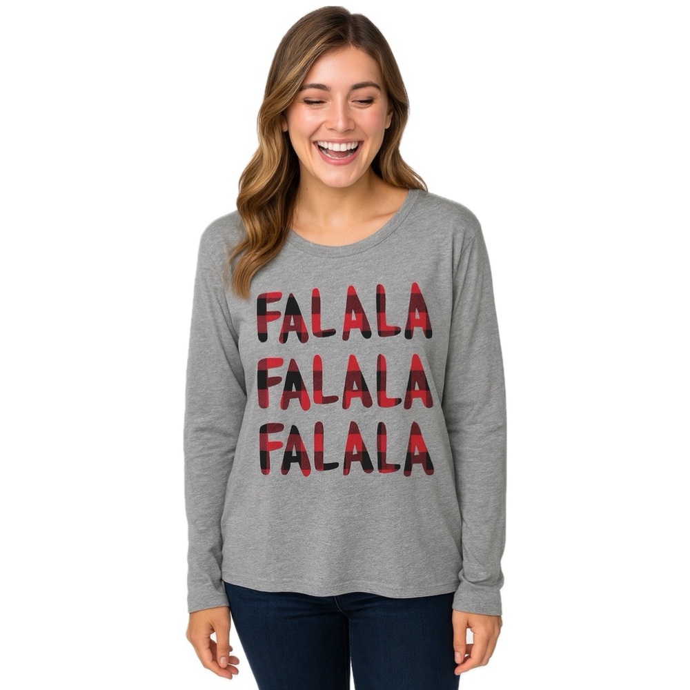 Sonoma Tee FA LA LA Christmas Long Sleeve Shirt Buffalo Plaid Gray Red Large L